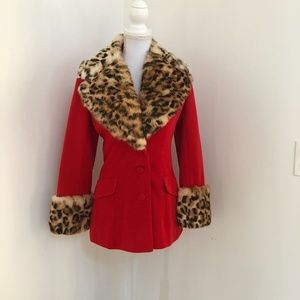 Lilli Ann Christmas Red Knit Jacket with Leopard